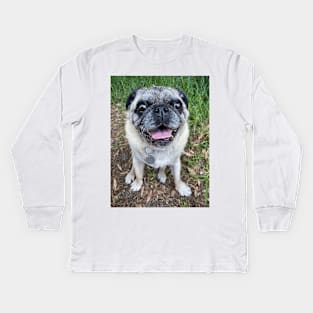 Cute pug dog sitting near grass Kids Long Sleeve T-Shirt